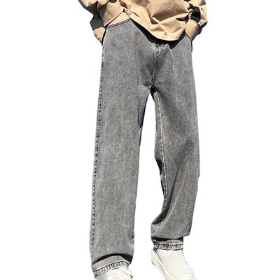 JEsilunmaMY Summer Straight Leg Jeans for Men Casual Loose Hip Hop Cotton Denim Pants Distressed Stretch Basic Jean Pants (Grey,Medium)