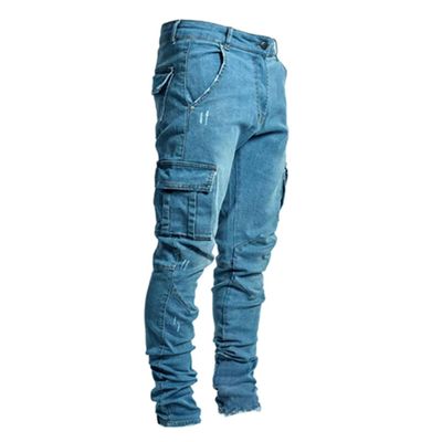 Slim Fit Side Pockets Jeans for Men Stretch Skinny Denim Pencil Pants Distressed Casual Straight Leg Jean Pants (Blue,Large)
