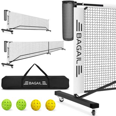 BAGAIL Portable Pickleball Net Set with Wheels, 22 FT Regulation Size & 11 FT Half Court Size 2-in-1 Pickle Ball Net with Ball Collector, Carry Bag, Easy Setup for Outdoor Indoor Driveway - White