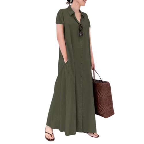 Akivide Women Button Down Cotton Linen Shirt Maxi Dress Loose Comfy Short Sleeve Solid Color Linen Long Dress with Pockets