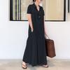 Akivide Women Button Down Cotton Linen Shirt Maxi Dress Loose Comfy Short Sleeve Solid Color Linen Long Dress with Pockets view 2