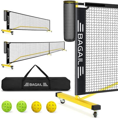 BAGAIL Portable Pickleball Net Set with Wheels, 22 FT Regulation Size & 11 FT Half Court Size 2-in-1 Pickle Ball Net with Ball Collector, Carry Bag, Easy Setup for Outdoor Indoor Driveway - Yellow