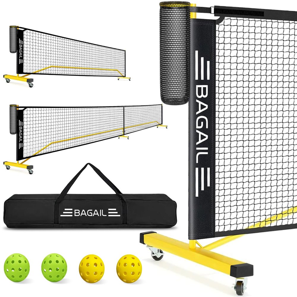 BAGAIL Portable Pickleball Net Set with Wheels, 22 FT Regulation Size & 11 FT Half Court Size 2-in-1 Pickle Ball Net with Ball Collector, Carry Bag, Easy Setup for Outdoor Indoor Driveway - Yellow