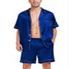SWOMOG Men Satin Silk Pajamas Sets Short Sleeve Sleepwear Button-Down PJs Sets Two-Pieces Loungewear with Pockets Blue view 1