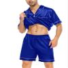 SWOMOG Men Satin Silk Pajamas Sets Short Sleeve Sleepwear Button-Down PJs Sets Two-Pieces Loungewear with Pockets Blue view 3