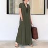 Akivide Women Button Down Cotton Linen Shirt Maxi Dress Loose Comfy Short Sleeve Solid Color Linen Long Dress with Pockets view 2