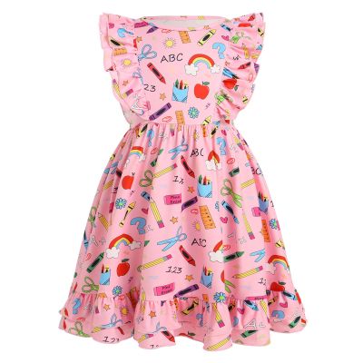 ABAFIP Girls Back to School Dress Toddler Kids Pencil Print Crew Neck Flutter Sleeve Ruffle Sleeveless Casual Summer Dress Light Pink 3-4T