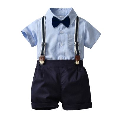 AMIMOJY Toddler Baby Boys Children's Summer Suit Stand Up Collar Short Sleeve T Shirt Bowtie Suspenders Shorts 2 Pcs Outfits Set, 12-18 Months, Dark Blue