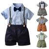 AMIMOJY Toddler Baby Boys Children's Summer Suit Stand Up Collar Short Sleeve T Shirt Bowtie Suspenders Shorts 2 Pcs Outfits Set, 12-18 Months, Dark Blue view 2