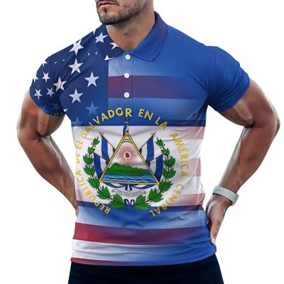U.S. El Salvador Flag Mens Straight Short Sleeve Polo Shirts Sports Golf Tennis T-Shirt Quick Dry Long Top, XX-Large