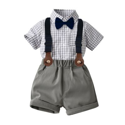 AMIMOJY Toddler Baby Boys Children's Summer Suit Stand Up Collar Short Sleeve T Shirt Bowtie Suspenders Shorts 2 Pcs Outfits Set, 12-18 Months, Grey