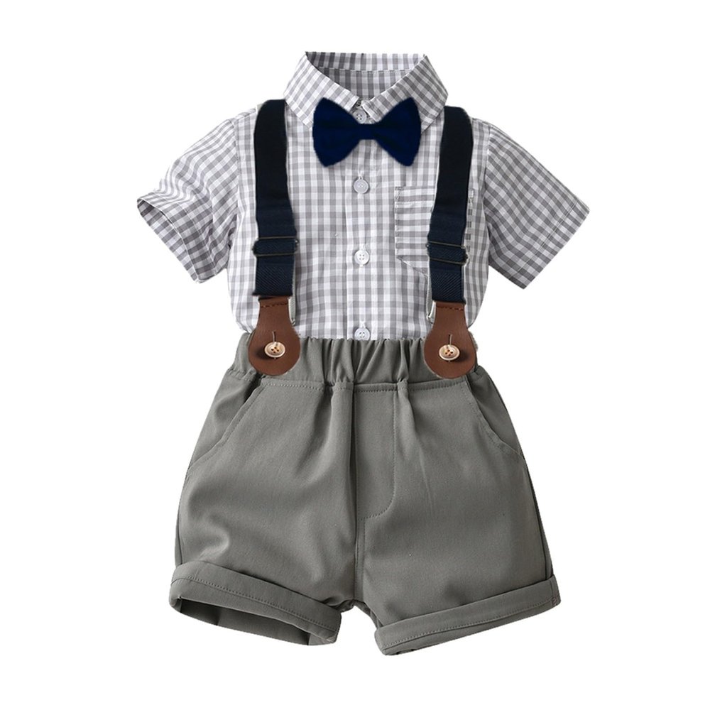 AMIMOJY Toddler Baby Boys Children's Summer Suit Stand Up Collar Short Sleeve T Shirt Bowtie Suspenders Shorts 2 Pcs Outfits Set, 12-18 Months, Grey