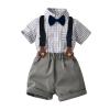 AMIMOJY Toddler Baby Boys Children's Summer Suit Stand Up Collar Short Sleeve T Shirt Bowtie Suspenders Shorts 2 Pcs Outfits Set, 12-18 Months, Grey view 1