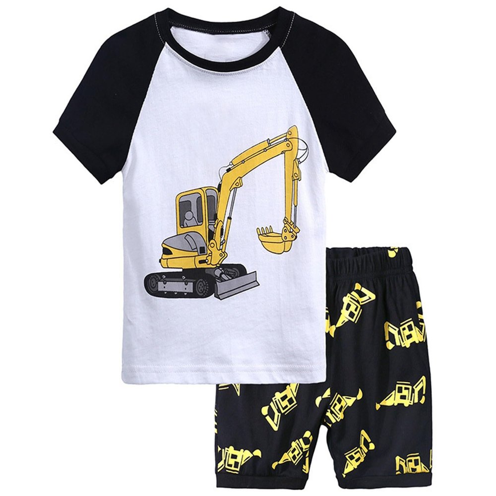 AMIMOJY Little Kids Toddler Baby Boy Summer Clothes Excavator Print Short Sleeved T-shirt Tops Shorts 2 Piece Outfits Set, 6-7 Years, Black