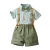 AMIMOJY Toddler Baby Boys Children's Summer Suit Stand Up Collar Short Sleeve T Shirt Bowtie Suspenders Shorts 2 Pcs Outfits Set, 6-7 Years, Green view 1