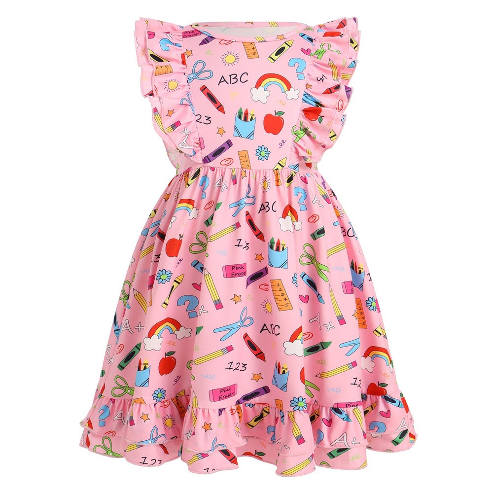 ABAFIP Girls Back to School Dress Toddler Kids Pencil Print Crew Neck Flutter Sleeve Ruffle Sleeveless Casual Summer Dress Light Pink 4-5 Years