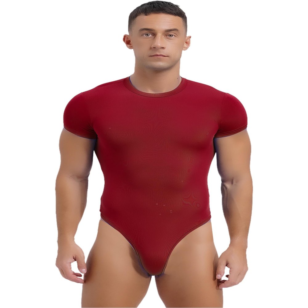 Agoky Men's Round Neck Short Sleeve Button Crotch Shirt Bodysuit Snappies Rompers Thongs Jumpsuit Burgundy X-Large