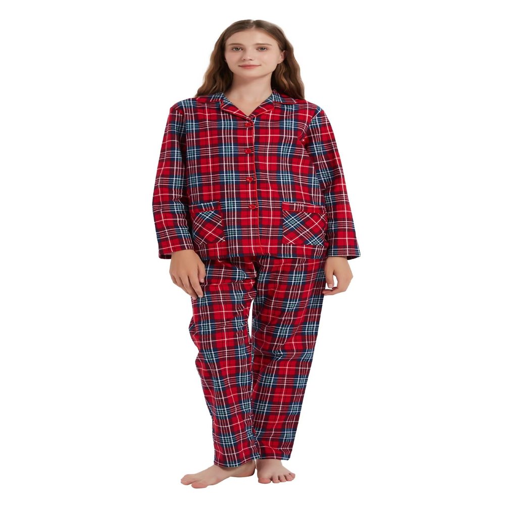 amaxer Women's Flannel Pajama Set 100% Cotton Pajamas For Women Long Sleeve Elastic Drawstring Pjs Button Warm Sleepwear