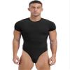 QinCiao Mens Short Sleeve Thongs Leotard Snappies Undershirts Press Button Crotch Shirt Bodysuit Black XX-Large view 1
