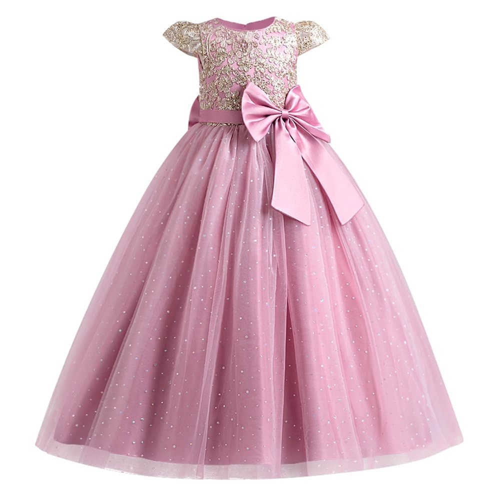 First Communion Dress: Flower Girls Tulle Dress Long A Line Wedding Pageant Dresses Princess Birthday Party Ball Gown for Teen Kids Formal Prom Dance Evening Dusty Pink & Sequin 11-12 Years