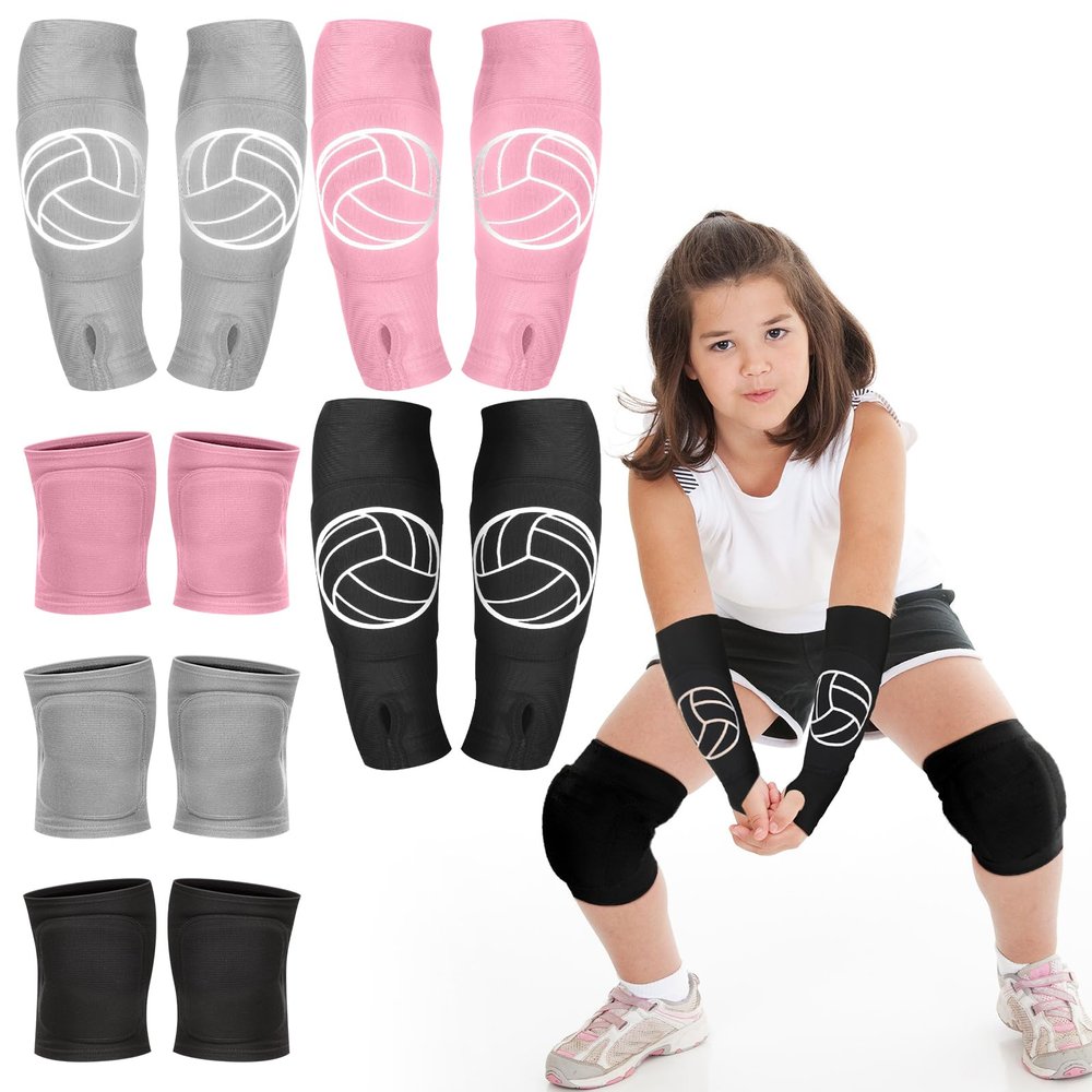 Sosation 3 Set Volleyball Arm Sleeves and Knee Pads for Kids Soft Forearm Sleeves with Protection Pad Thumbhole Volleyball Accessories for Training Youth Girls Boys 5-8 Years Old (Pink, Black, Gray)