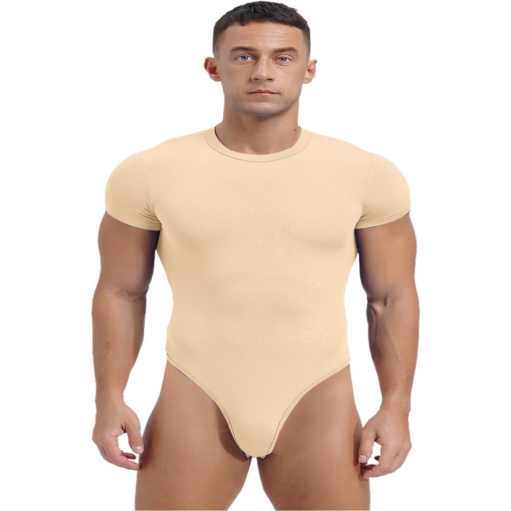 Agoky Men's Round Neck Short Sleeve Button Crotch Shirt Bodysuit Snappies Rompers Thongs Jumpsuit Beige Large