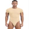 Agoky Men's Round Neck Short Sleeve Button Crotch Shirt Bodysuit Snappies Rompers Thongs Jumpsuit Beige Large view 1