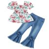 Kucnuzki Girls Clothing Set Puff Short Sleeve Shirt Casual Square Neck Top Butterfly Ruffle Shirt Denim Flare Jeans Pants Girls Outfits Size 7/8 2 Piece Outfits view 1