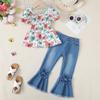 Kucnuzki Girls Clothing Set Puff Short Sleeve Shirt Casual Square Neck Top Butterfly Ruffle Shirt Denim Flare Jeans Pants Girls Outfits Size 7/8 2 Piece Outfits view 2