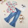 Kucnuzki Girls Clothing Set Puff Short Sleeve Shirt Casual Square Neck Top Butterfly Ruffle Shirt Denim Flare Jeans Pants Girls Outfits Size 7/8 2 Piece Outfits view 3