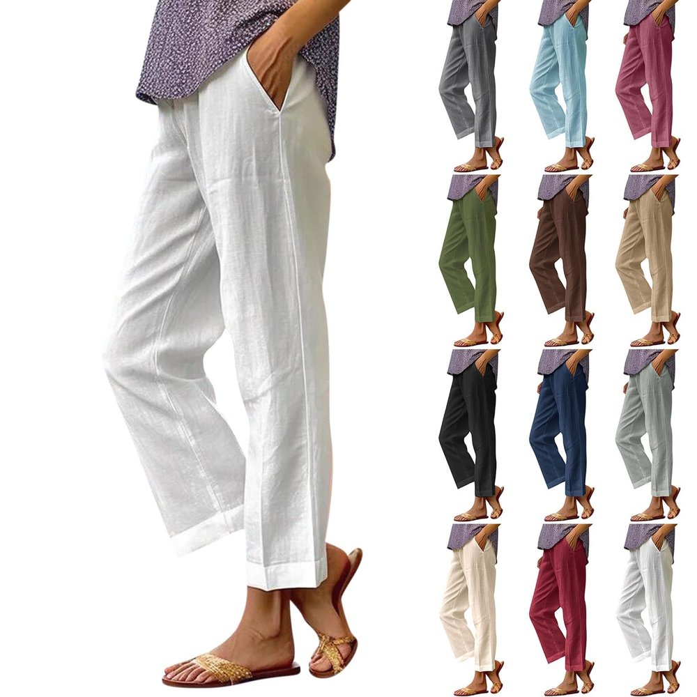 eoeioa Summer White Linen Pants Women Baggy High Waist Cotton Linen Straight Leg Pants Elastic High Waisted Palazzo Pants for Women Lightweight Summer Pants Trousers Boho Beach Pants with Pockets