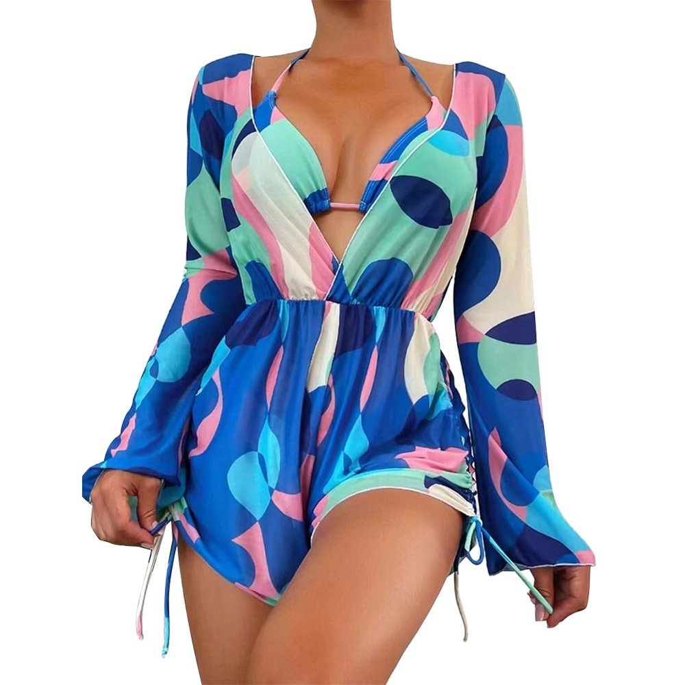 ABAFIP Women's 3 Piece Bikini Set with Cover up Drawstring Romper Long Sleeve Beach Coverups Swimsuits Floral Bathing Suit Swimwear Sky Blue Large