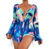 ABAFIP Women's 3 Piece Bikini Set with Cover up Drawstring Romper Long Sleeve Beach Coverups Swimsuits Floral Bathing Suit Swimwear Sky Blue Large view 1