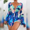 ABAFIP Women's 3 Piece Bikini Set with Cover up Drawstring Romper Long Sleeve Beach Coverups Swimsuits Floral Bathing Suit Swimwear Sky Blue Large view 2