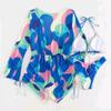 ABAFIP Women's 3 Piece Bikini Set with Cover up Drawstring Romper Long Sleeve Beach Coverups Swimsuits Floral Bathing Suit Swimwear Sky Blue Large view 4
