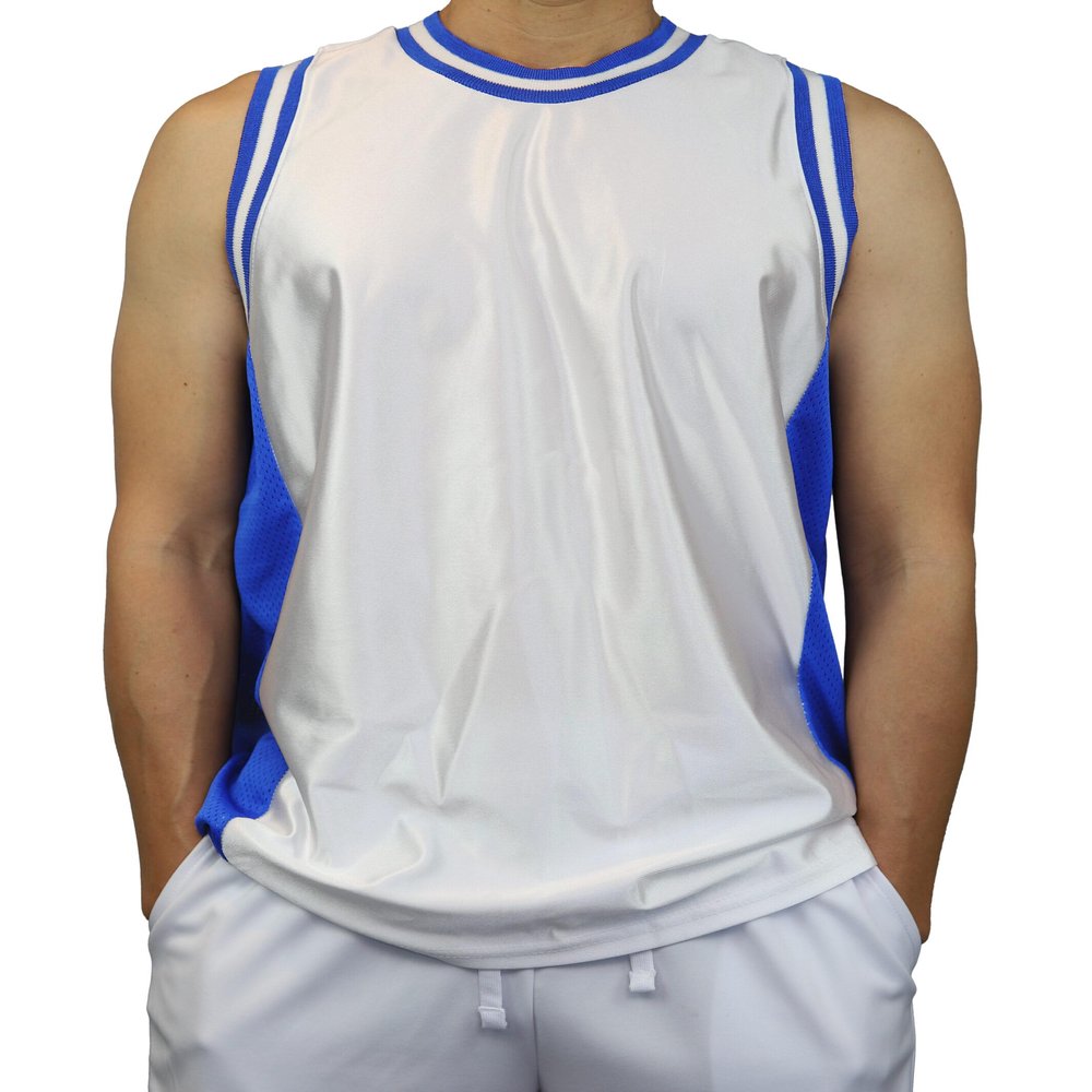 DIGITMON Men's 3-Stripes Basketball Gym Workout Athletic Tank Tops Shirts Mesh Jersey Uniform Made in USA (WHITEROYAL, XL)