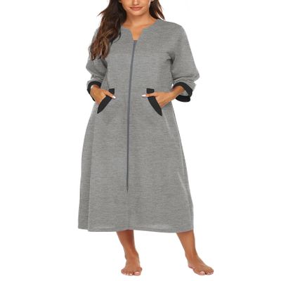 Ekouaer Women Zipper Robe 3/4 Sleeves Loungewear Dress Full Length Sleepwear Pockets Housecoat Nightgown Long Bathrobe