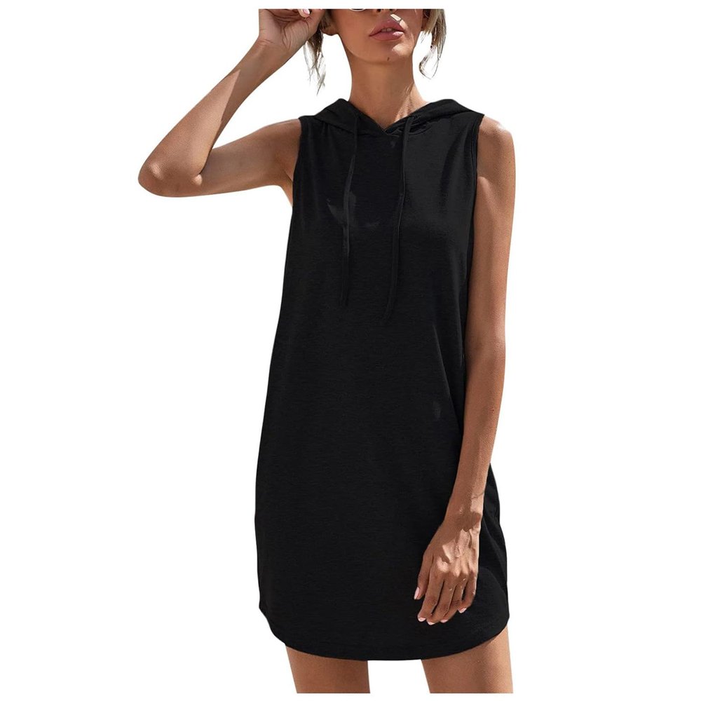 Angxiwan Casual Dresses for Women Sleeveless Solid Hoodie Sundresses Trendy Athletic Drawstring Slim Fit Short Summer Dresses Black