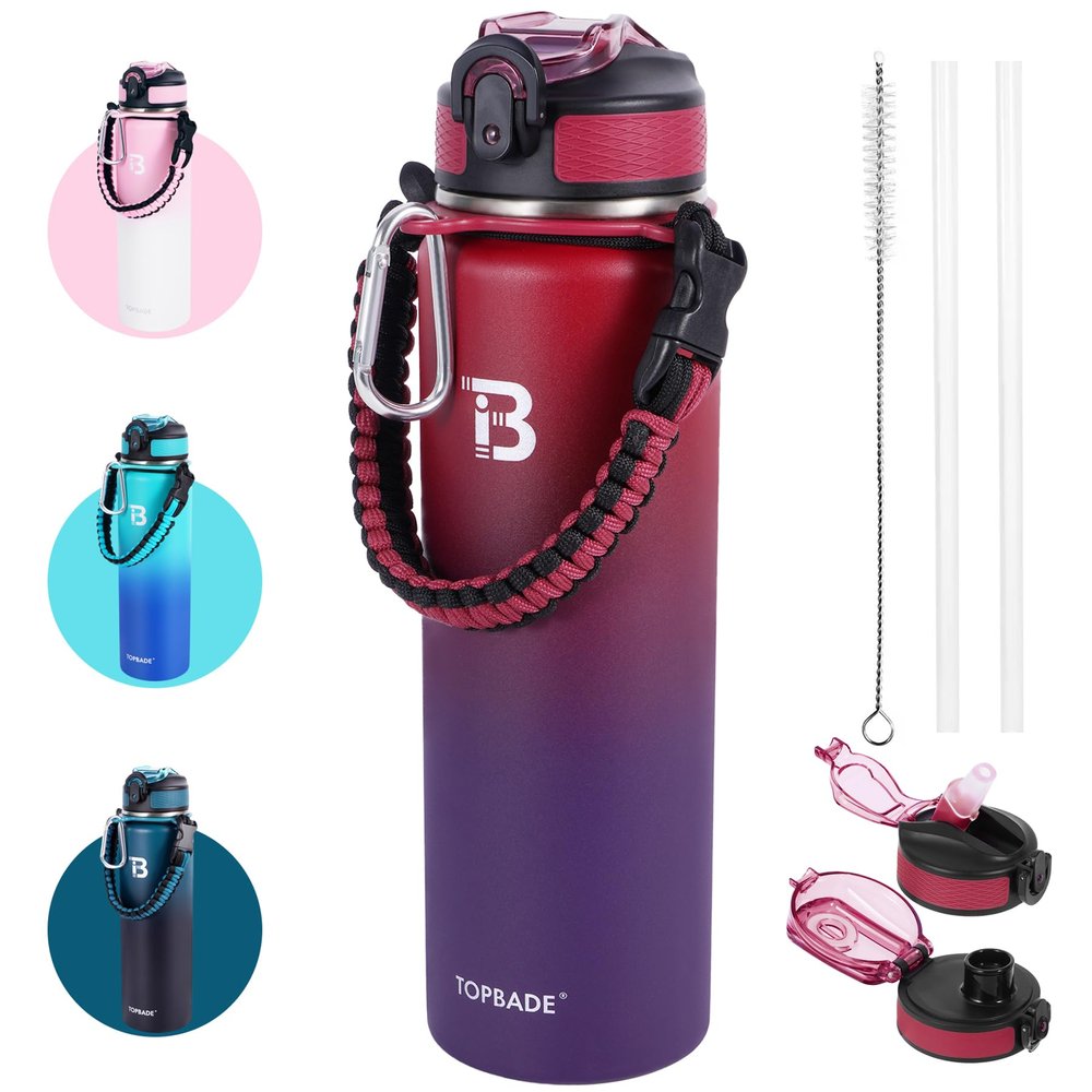 TOPBADE Insulated Water Bottle With 2 Lids (Straw Lid & Spout Lid), Stainless Steel Water Bottle with Paracord Handle Wide Mouth, Double Wall Sweat-Proof BPA-Free RED BLUE