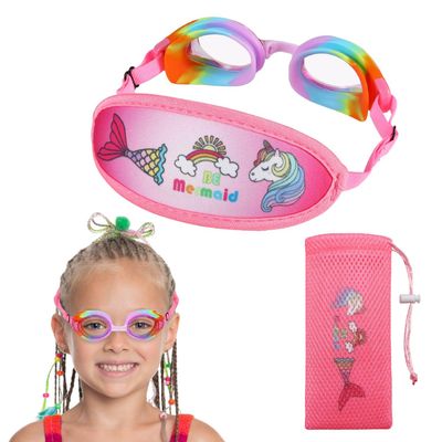 RUIGAO Kids Swim Goggles 3-12, Kids Goggles Fabric Strap, No Hair Pull/UV Proetction/Anti-fog (1PK Extra Bungee - Unicorn)