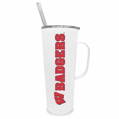 Campus Colors NCAA Stainless Steel 20oz Roadie With Handle & Dual Option Lid With Straw - Officially Licensed Tumbler (Wisconsin Badgers - White)