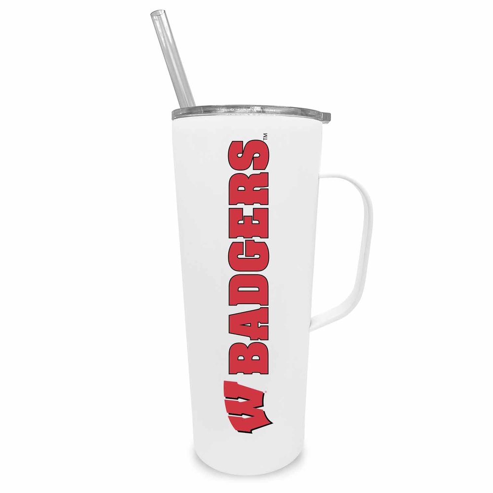 Campus Colors NCAA Stainless Steel 20oz Roadie With Handle & Dual Option Lid With Straw - Officially Licensed Tumbler (Wisconsin Badgers - White)