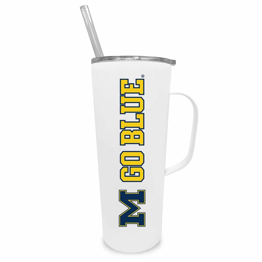 Campus Colors NCAA Stainless Steel 20oz Roadie With Handle & Dual Option Lid With Straw - Officially Licensed Tumbler (Michigan Wolverines - White)