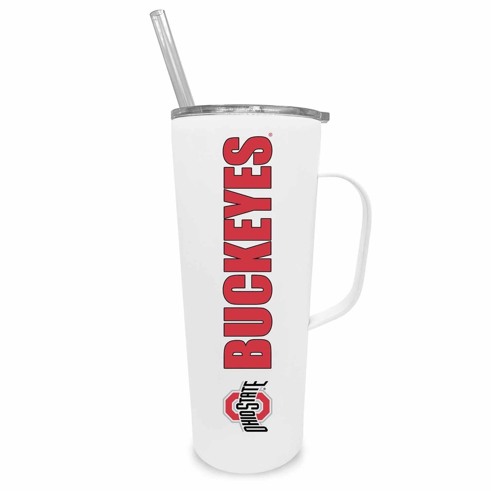 Campus Colors NCAA Stainless Steel 20oz Roadie With Handle & Dual Option Lid With Straw - Officially Licensed Tumbler (Ohio State Buckeyes - White)