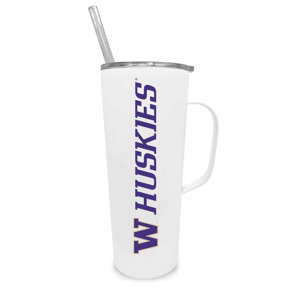 Campus Colors NCAA Stainless Steel 20oz Roadie With Handle & Dual Option Lid With Straw - Officially Licensed Tumbler (Washington Huskies - White)