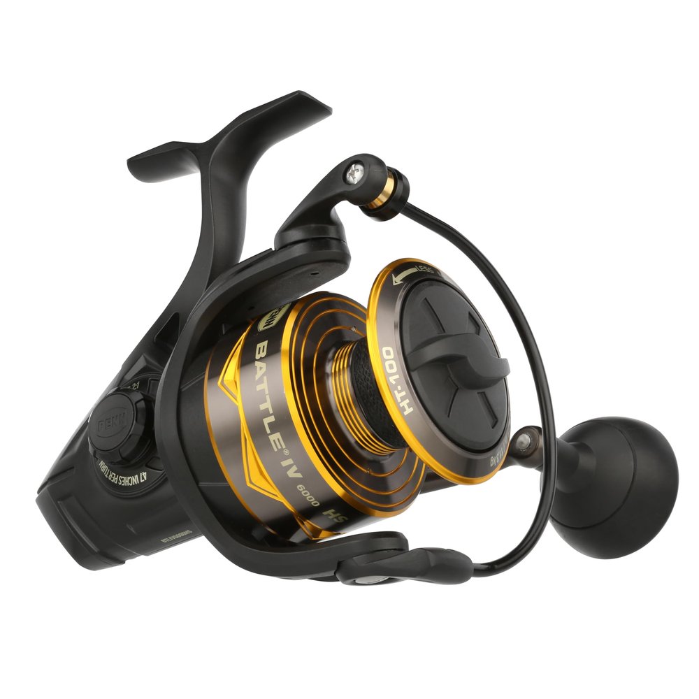 Penn Battle IV Size 6000 Spinning Fishing Reel, Full Metal Body and Sideplate, CNC Gear Technology, Hydro Armor Seals Critical Area from Water Intrusion, HT-100 Drag System