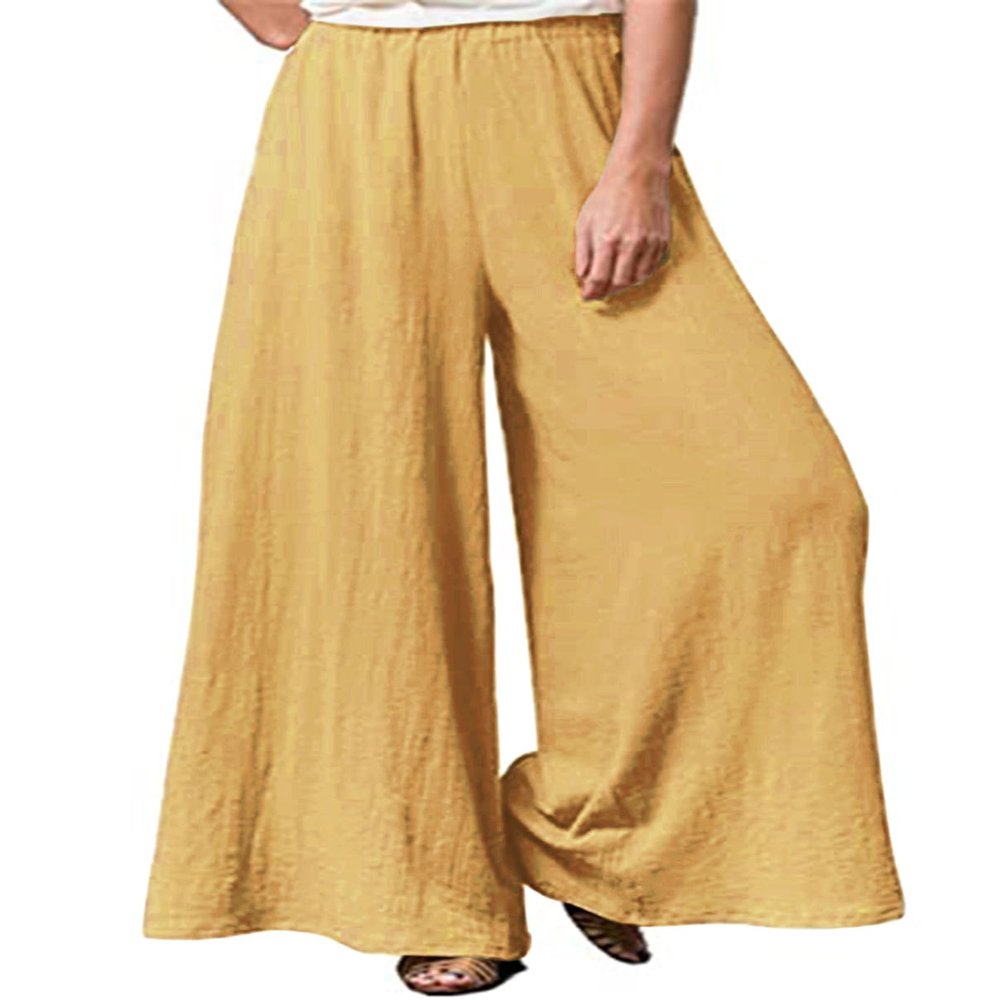 Hisanny Womens Plus Size Linen Pants Wide Leg Palazzo Trousers High Elastic Waist Flowy Culottes with Pockets Yellow XX-Large
