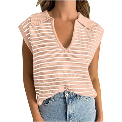 womens fashion Women Sleeveless Pullover Tank Tops Knitted V Neck Sweater Vest Basic Tee Cap Sleeve Stripe Shirts Fashion Tunic Shirts Pink