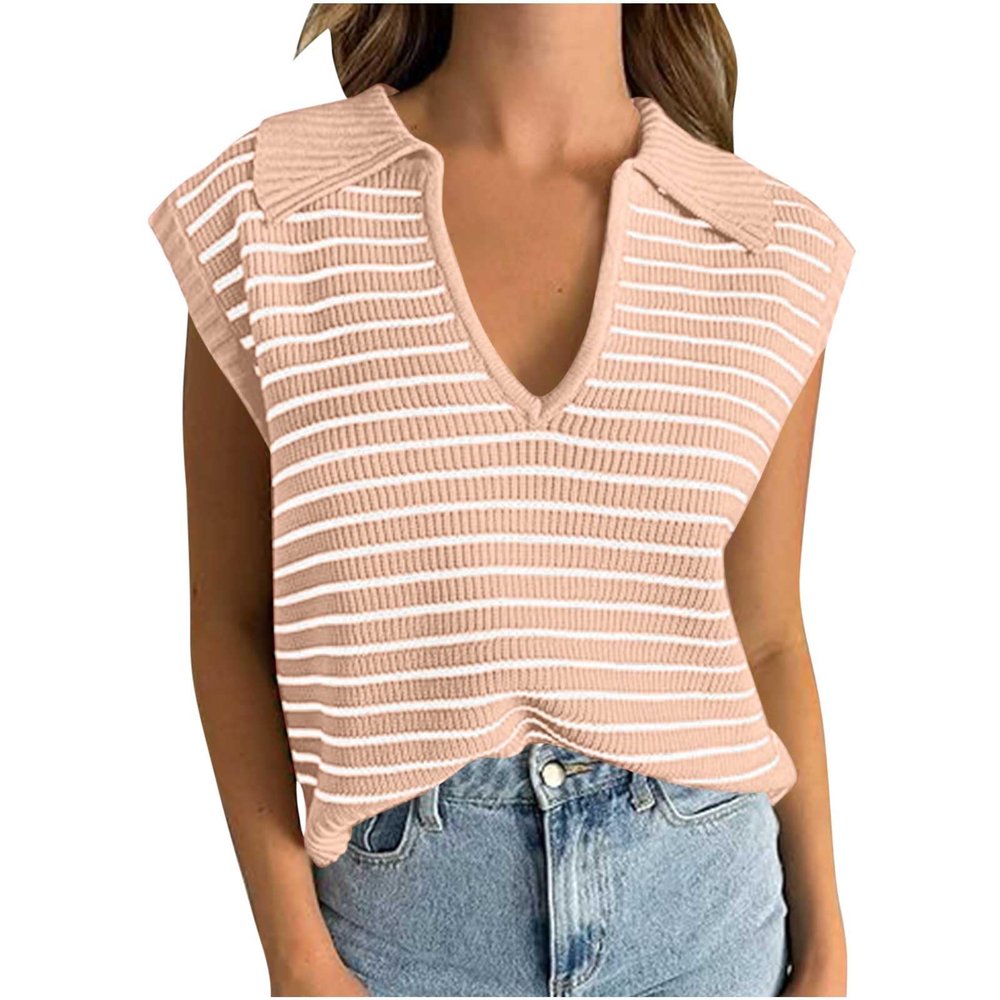 womens fashion Women Sleeveless Pullover Tank Tops Knitted V Neck Sweater Vest Basic Tee Cap Sleeve Stripe Shirts Fashion Tunic Shirts Pink