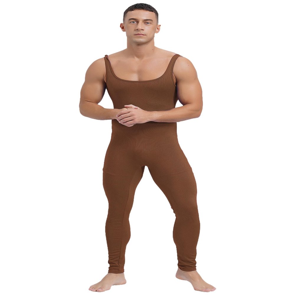 Vxuxlje Men's One Piece Athletic Unitard Square Neck Bodysuit Gymnastics Leotard Tight Jumpsuits Brown X-Large